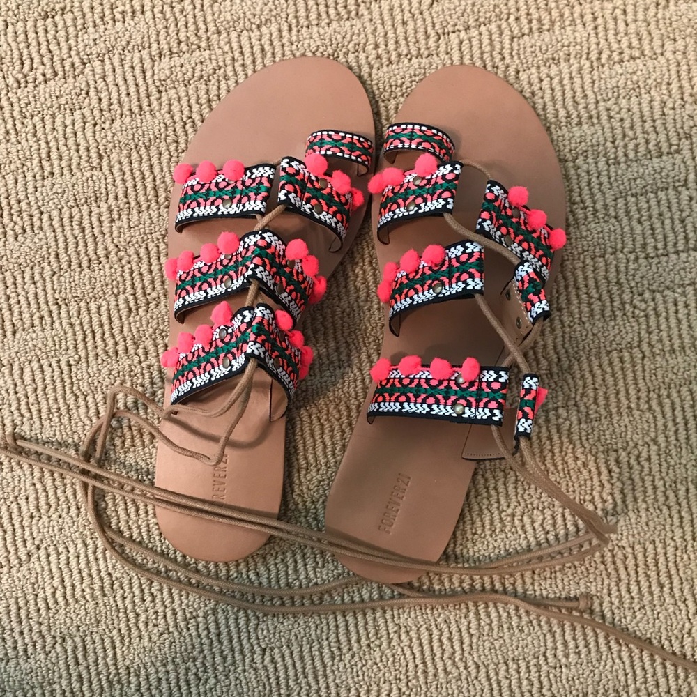 Pink Pom Pom Embroidered Forever 21 Sandals